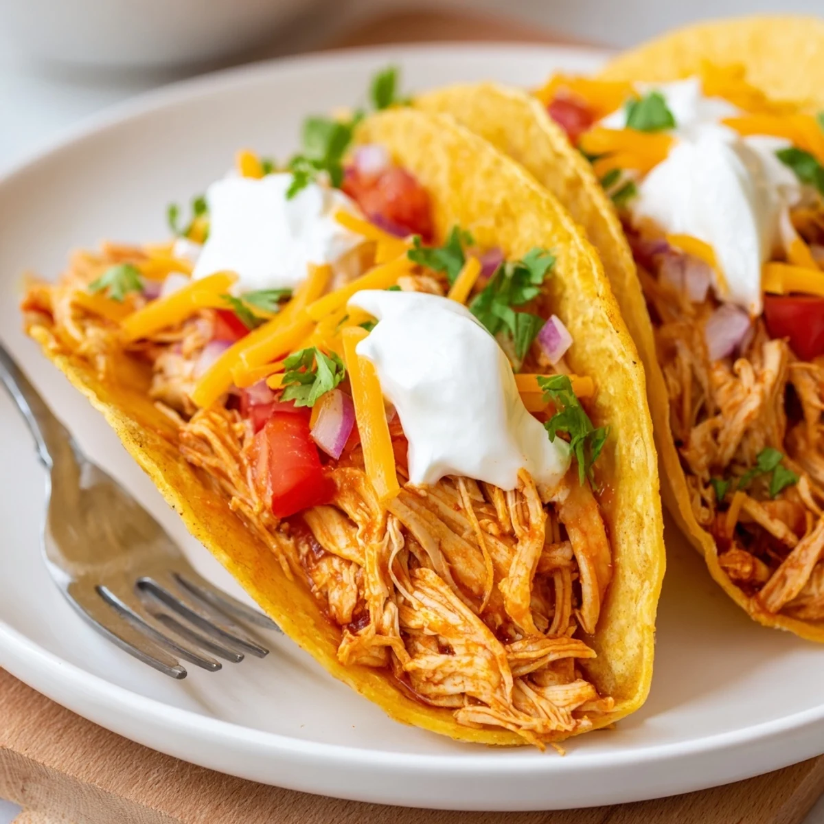 Juicy slow cooker shredded chicken tacos topped with fresh lettuce, cheese, and creamy avocado slices