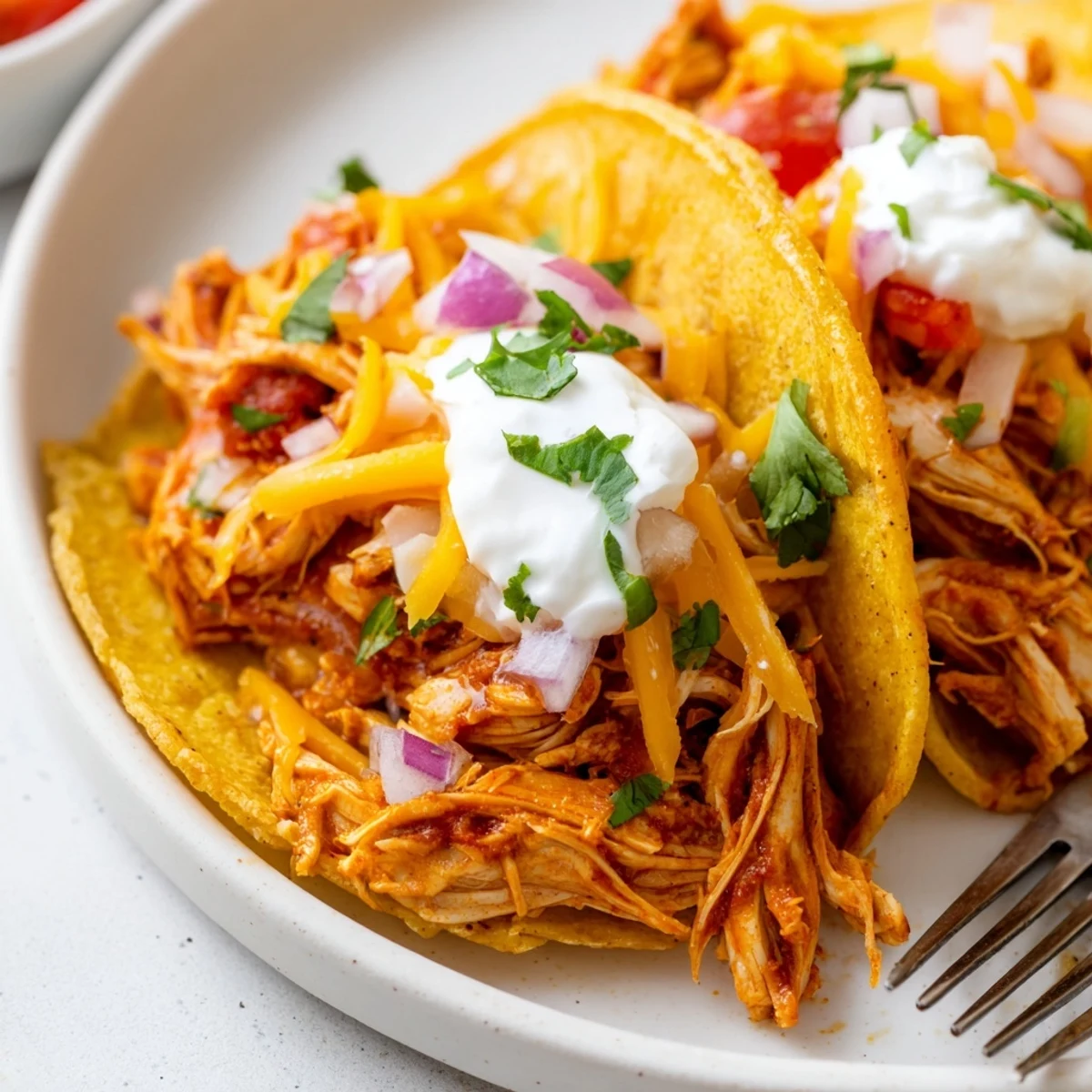 Tender slow cooker shredded chicken tacos loaded with tangy sour cream and zesty lime wedges