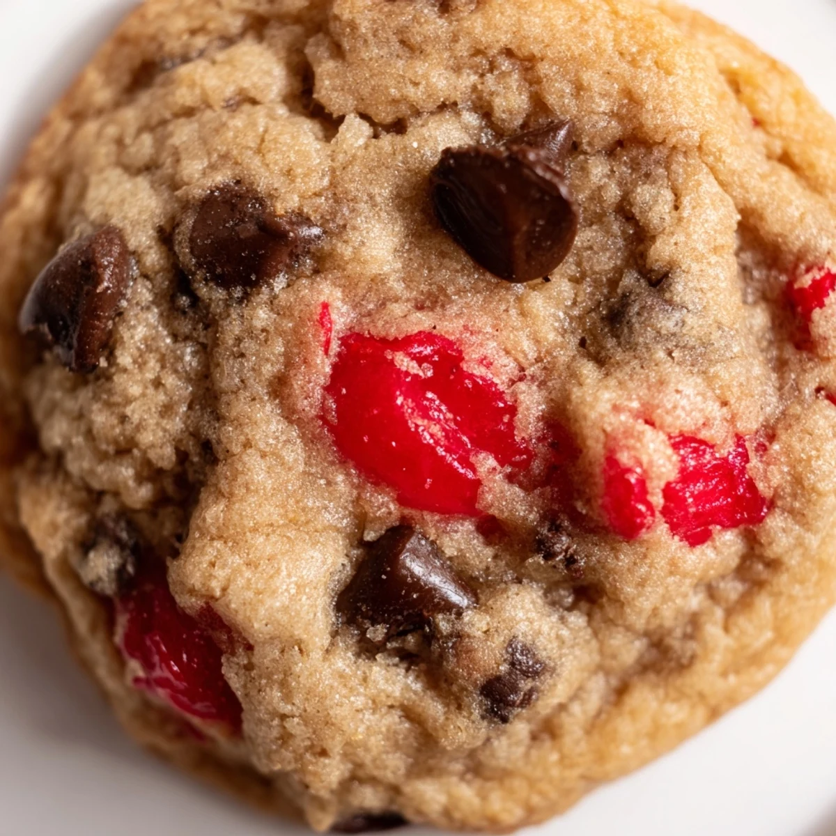 Chewy maraschino cherry chocolate chip cookies bursting with bright red fruit and melted chocolate