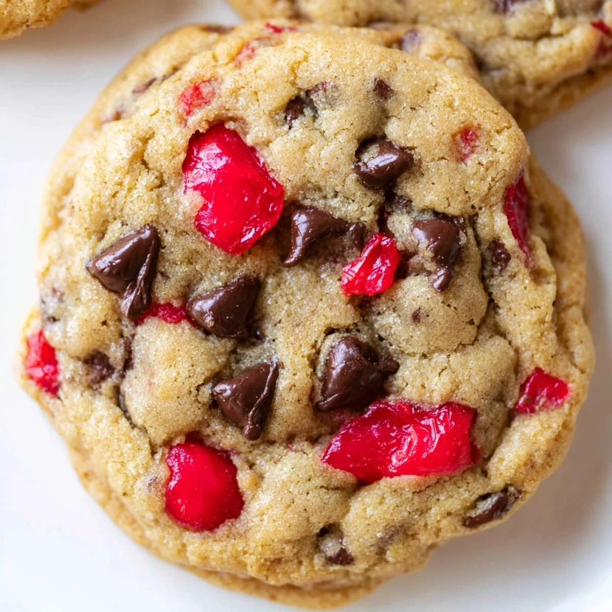 Soft maraschino cherry chocolate chip cookies with golden edges on a rustic baking sheet