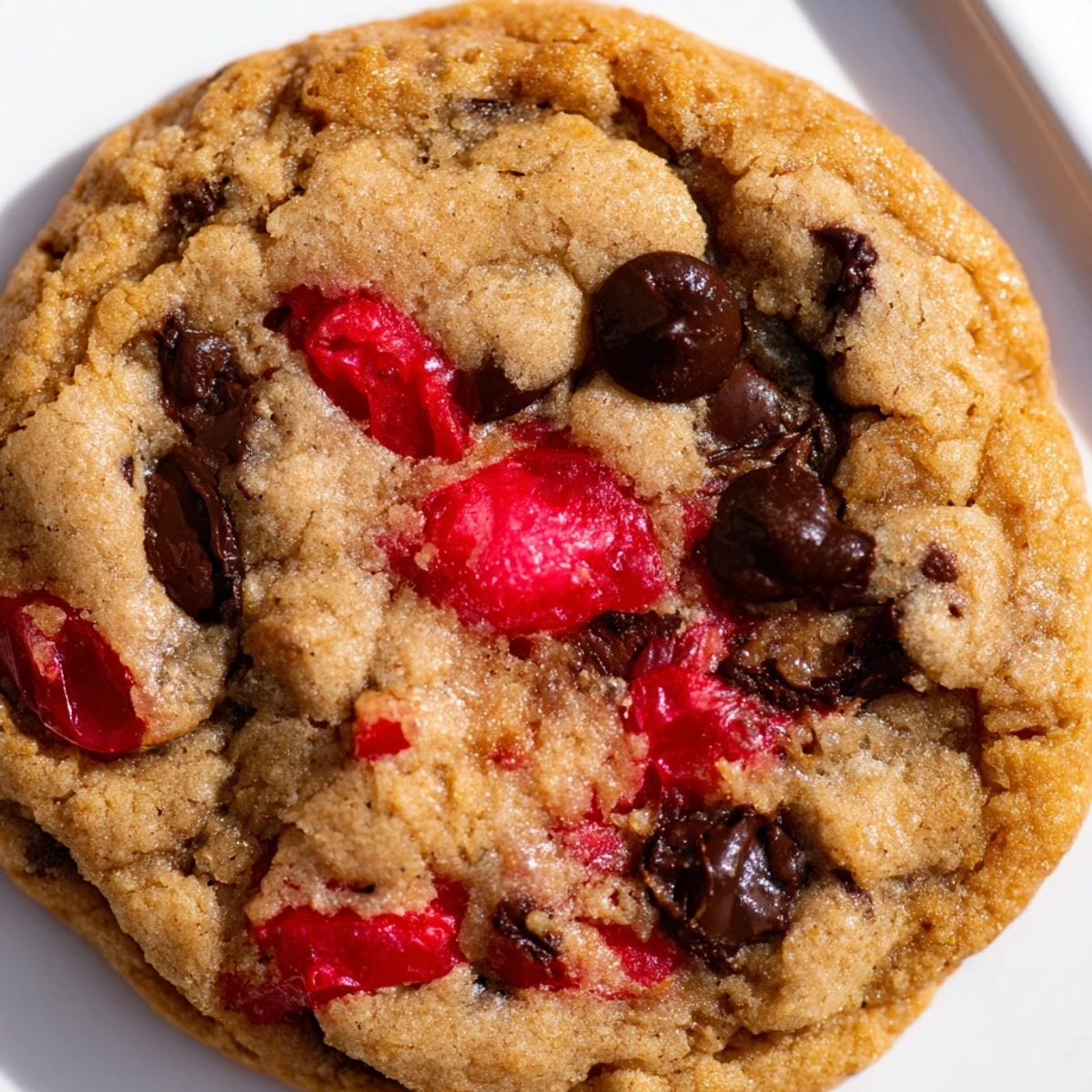 Warm maraschino cherry chocolate chip cookies arranged on a wire cooling rack with chocolate streaks