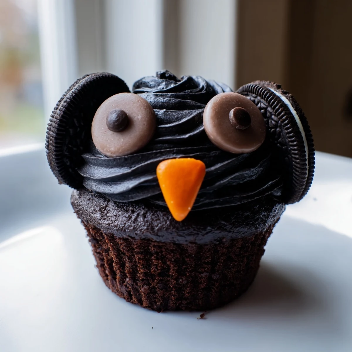 Chocolate Oreo owl cupcakes topped with twisted cookie eyes and orange candy beaks
