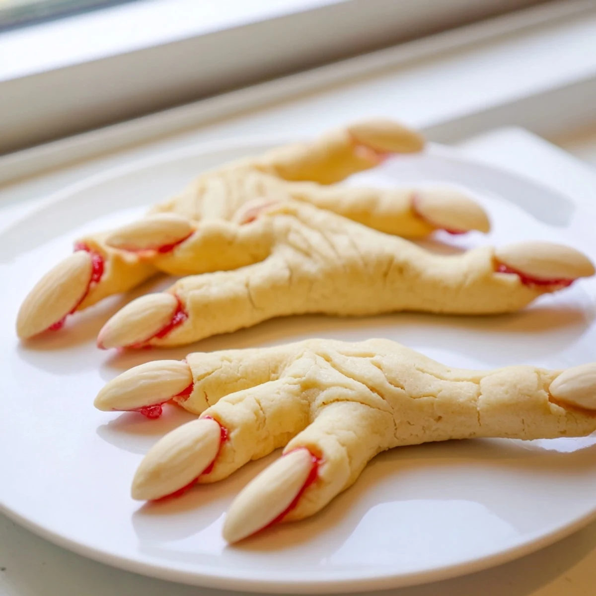 Creepy Witch Finger Cookies with bloody almond nails on a rustic Halloween baking sheet