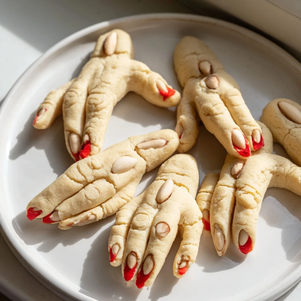 A plate of Creepy Witch Finger Cookies served alongside hot apple cider for Halloween