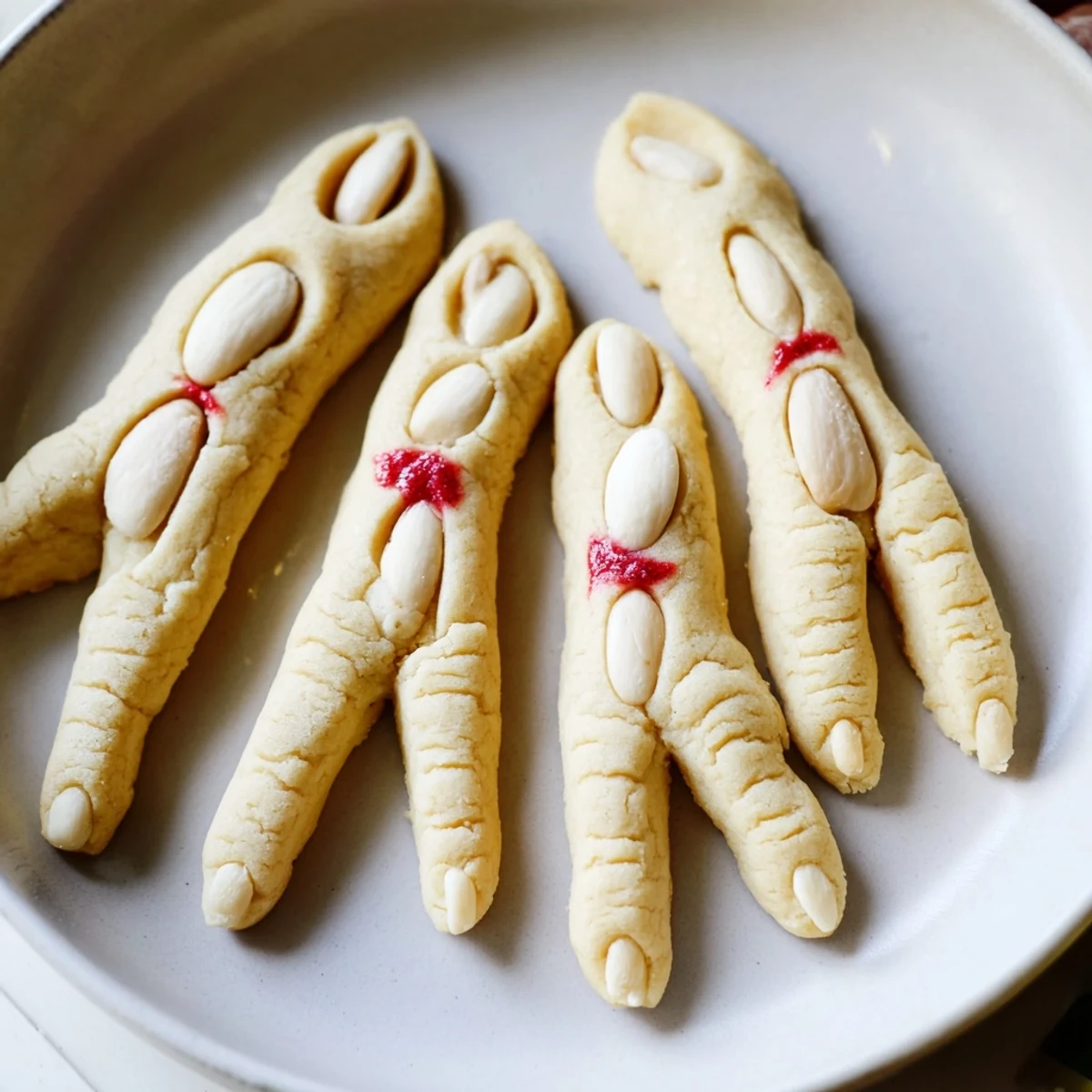 Golden Creepy Witch Finger Cookies arranged on parchment with jam-dripped fingernail details
