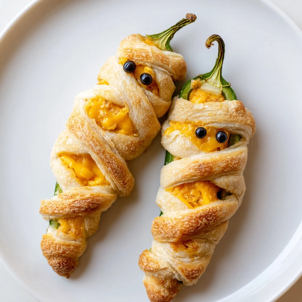 Crispy golden mummy jalapeño poppers with gooey cheese filling on a baking sheet