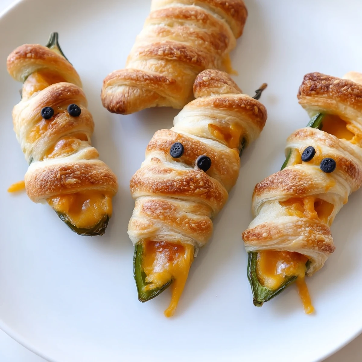 Cheesy mummy jalapeño poppers arranged on a platter with creamy dipping sauce