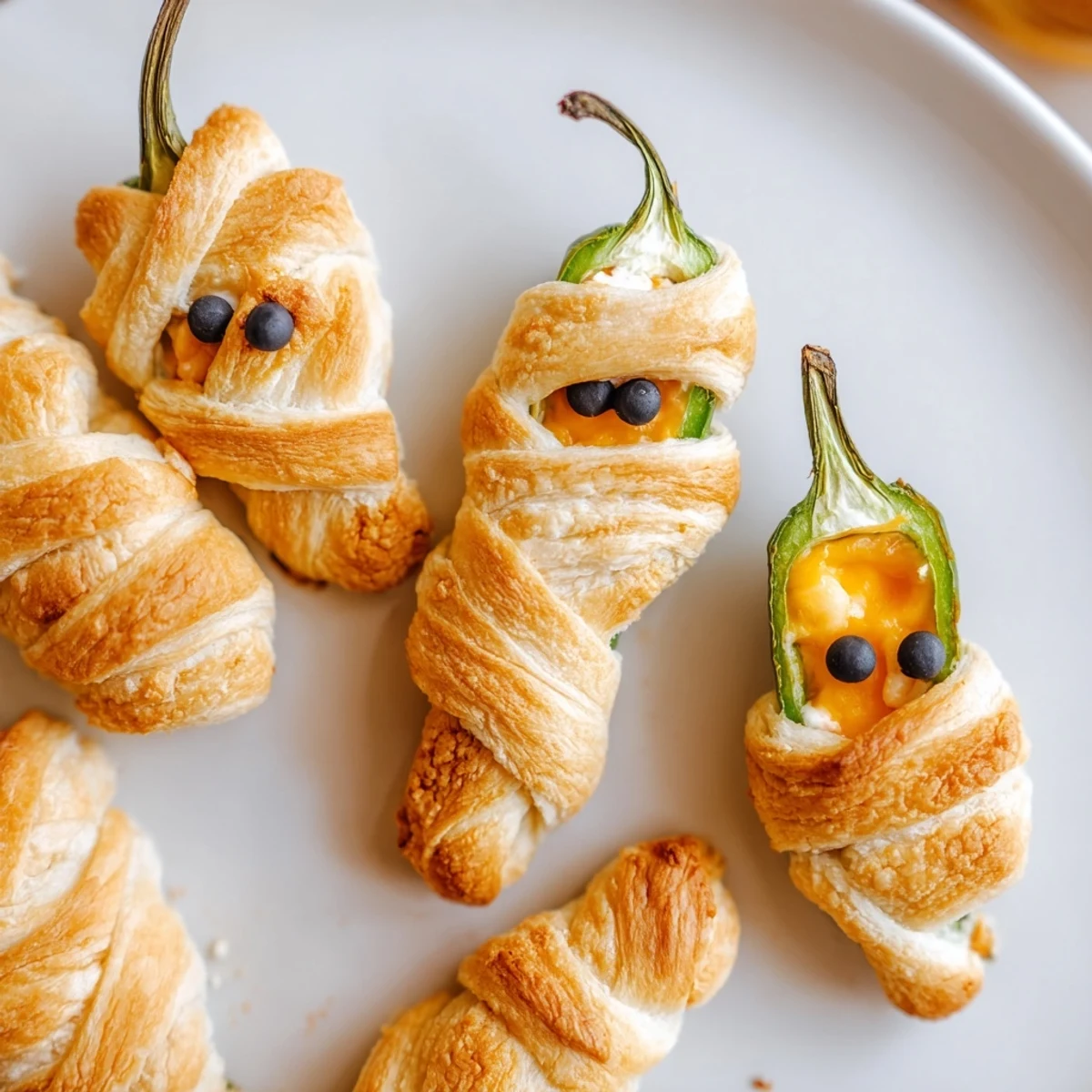 Mummy jalapeño poppers wrapped in flaky dough with candy eyes served warm