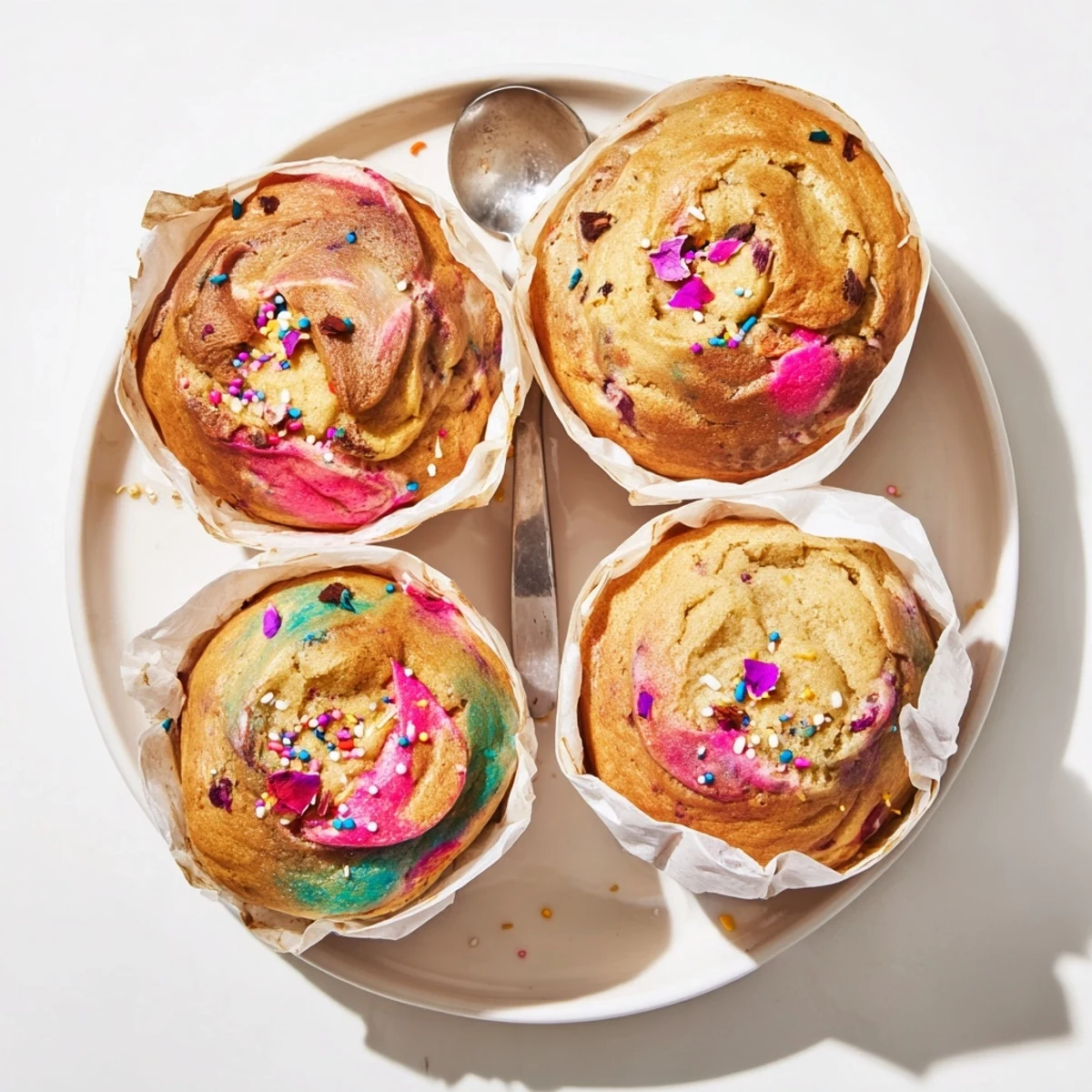 Soft steamed blooming cupcakes bursting open, served warm with colorful sprinkles