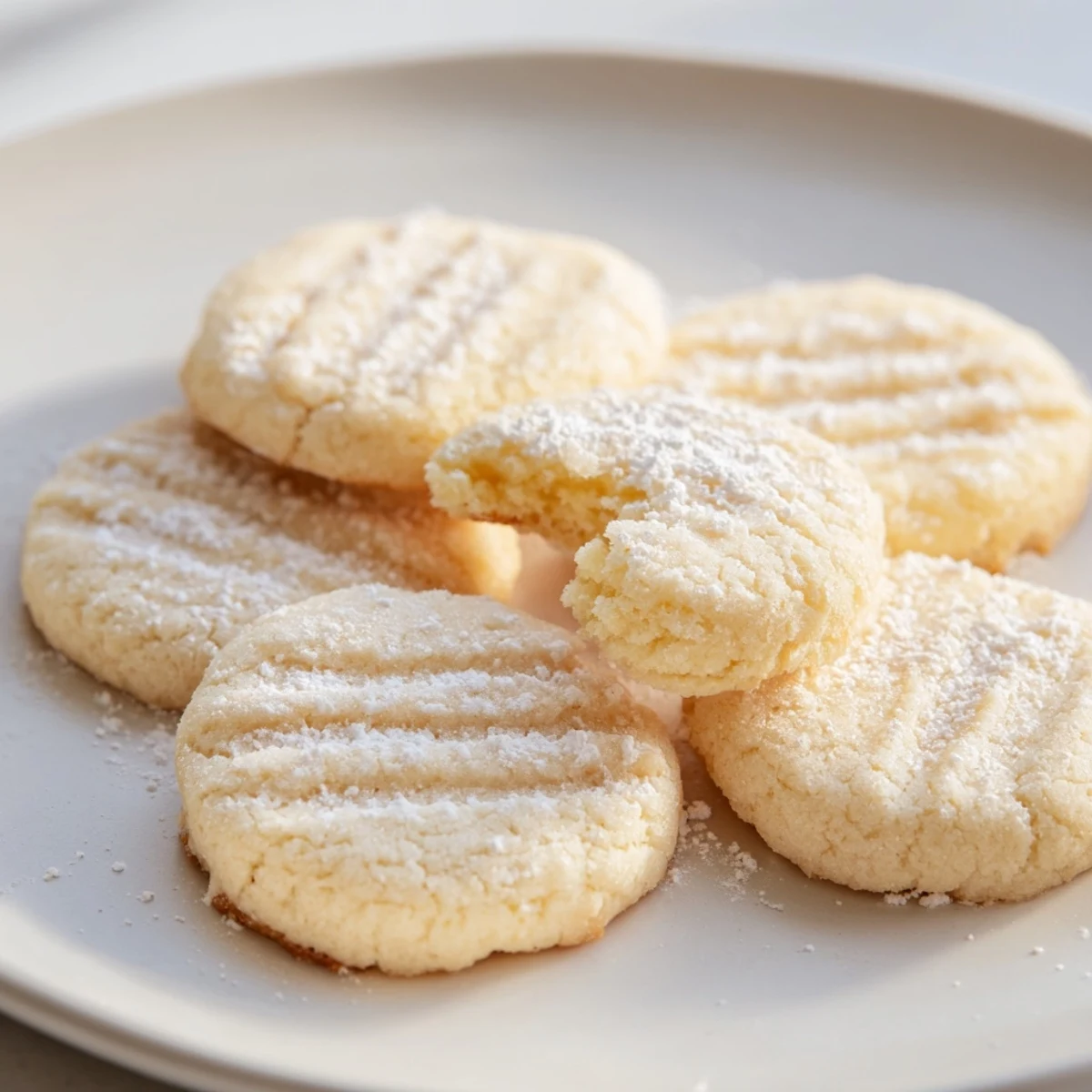 Golden Grandma's Secret Butter Cookies dusted with powdered sugar on a rustic wire rack