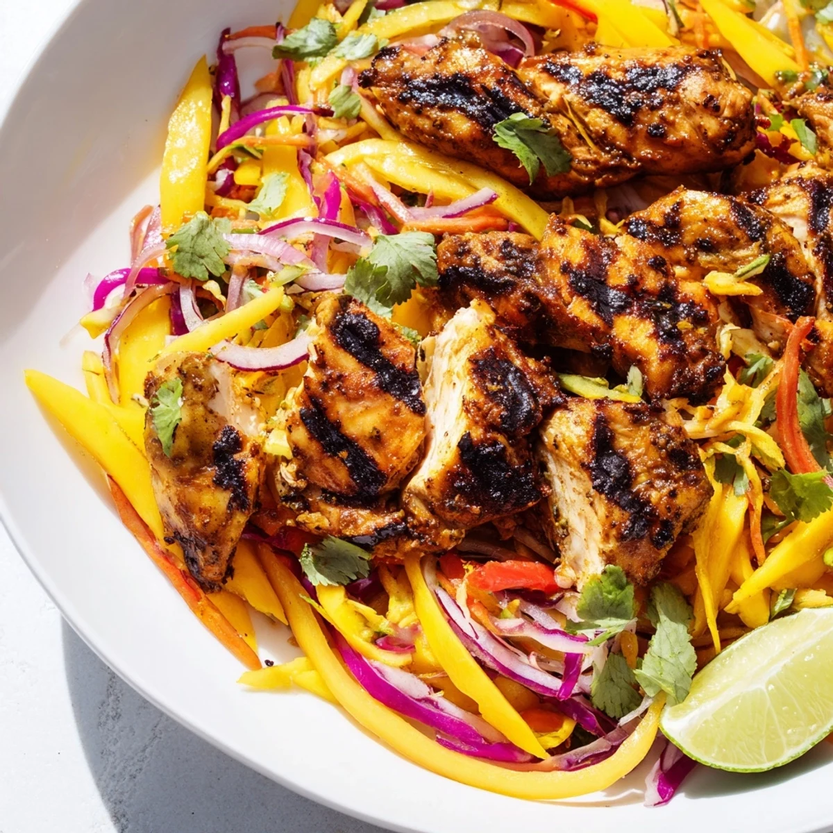 Charred spicy jerk chicken sliced over a crisp colorful mango slaw.