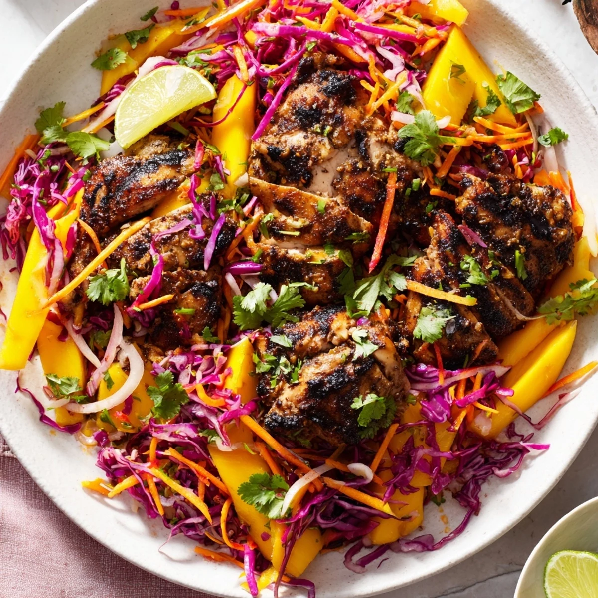 Grilled jerk chicken with tropical mango slaw served on a white plate.