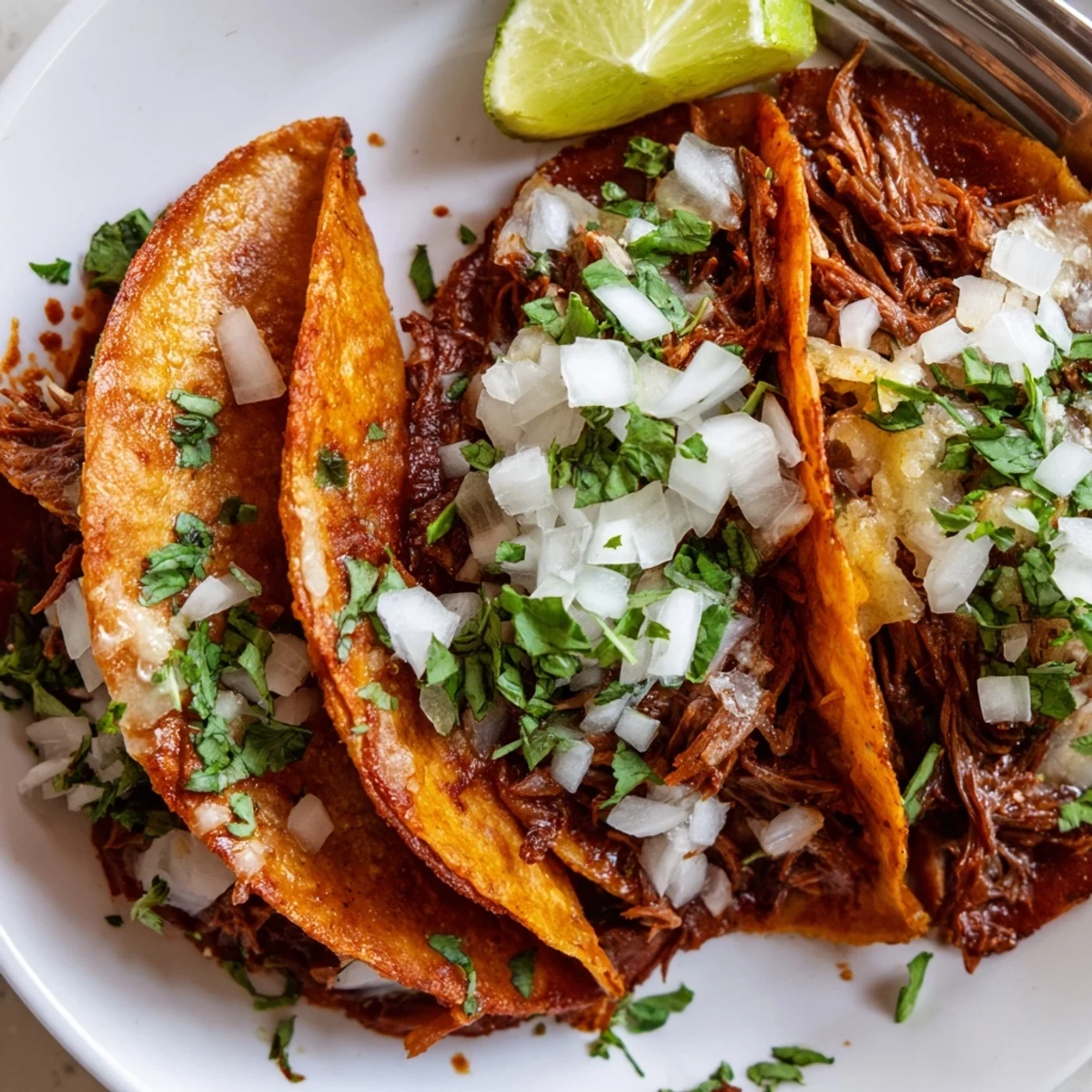 Crispy slow cooker birria tacos filled with shredded beef, onion, and cilantro.