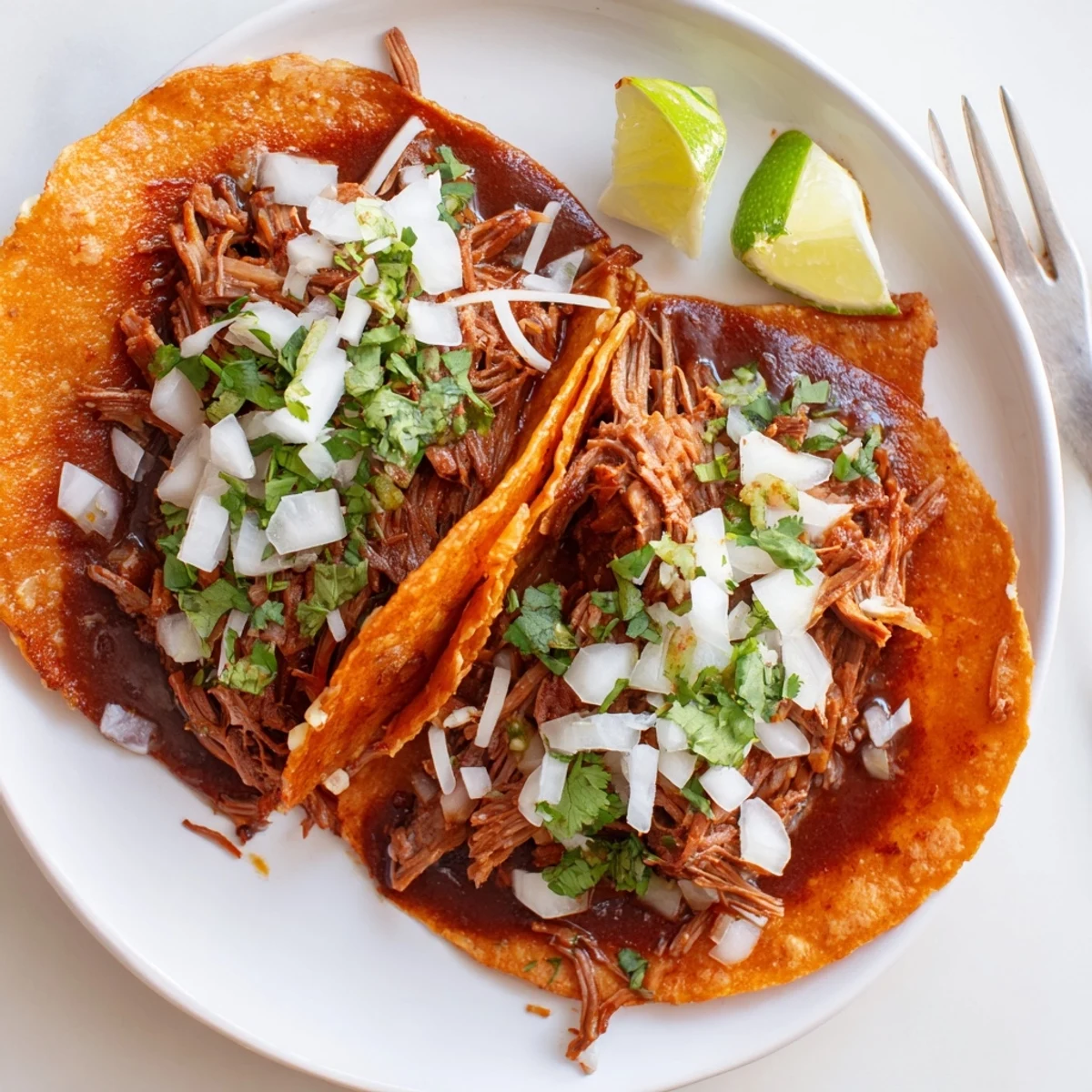 Golden slow cooker birria tacos dipped in rich red consommé for serving.