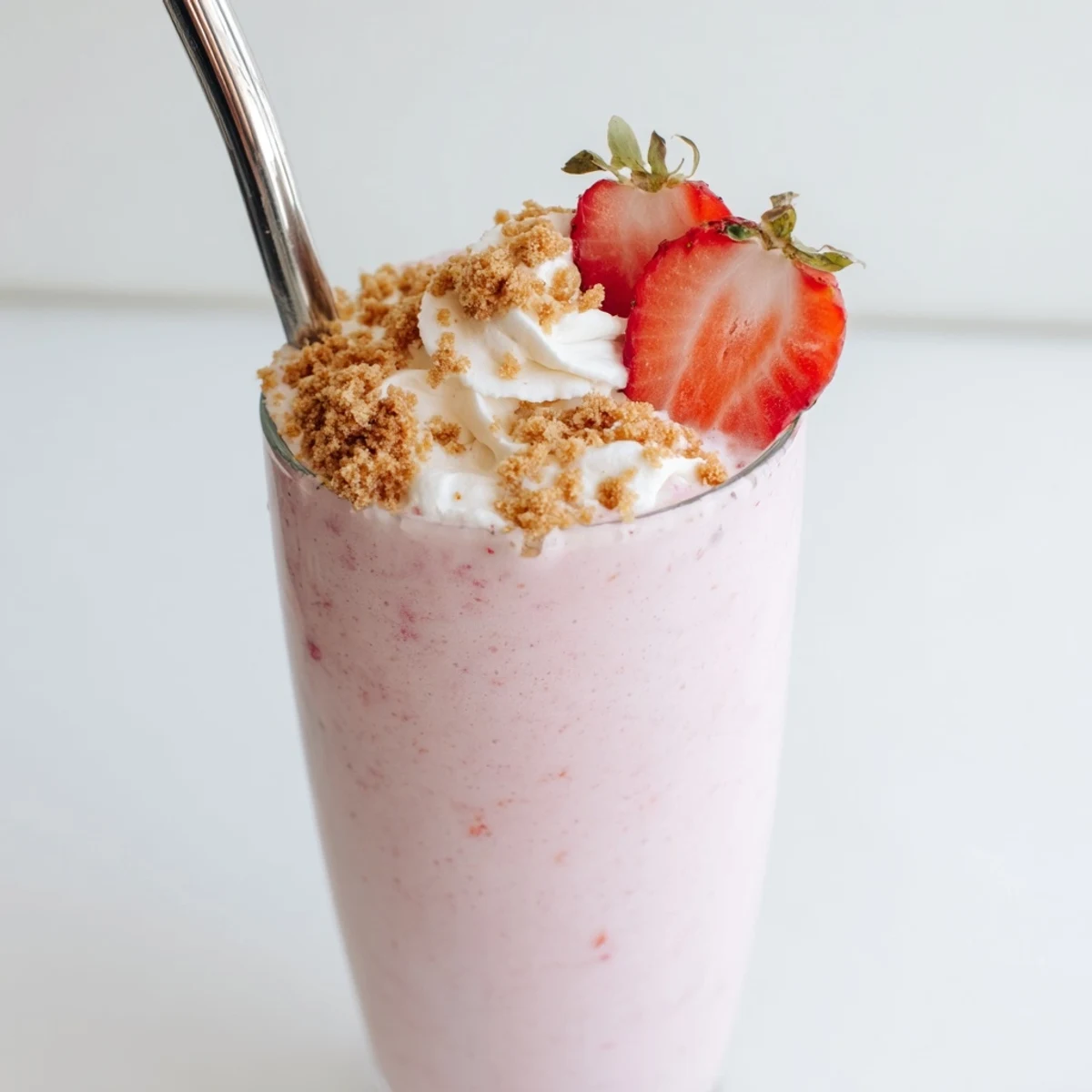 Tall pink strawberry cheesecake milkshake topped with whipped cream and graham cracker crumbs