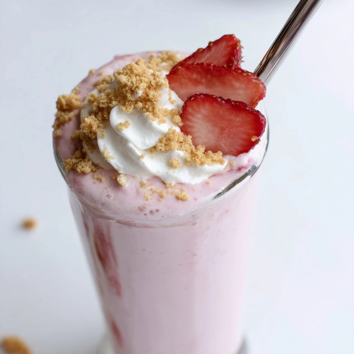 Creamy strawberry cheesecake milkshake in a glass garnished with fresh sliced strawberries