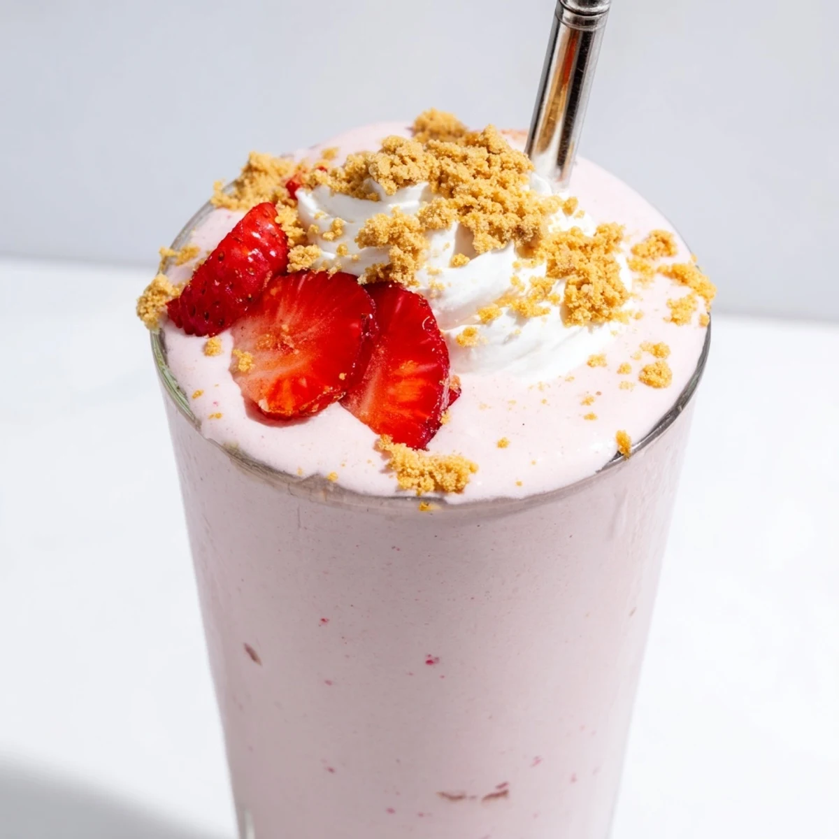 Thick blended strawberry cheesecake milkshake drizzled with vanilla and sprinkled with crumbs