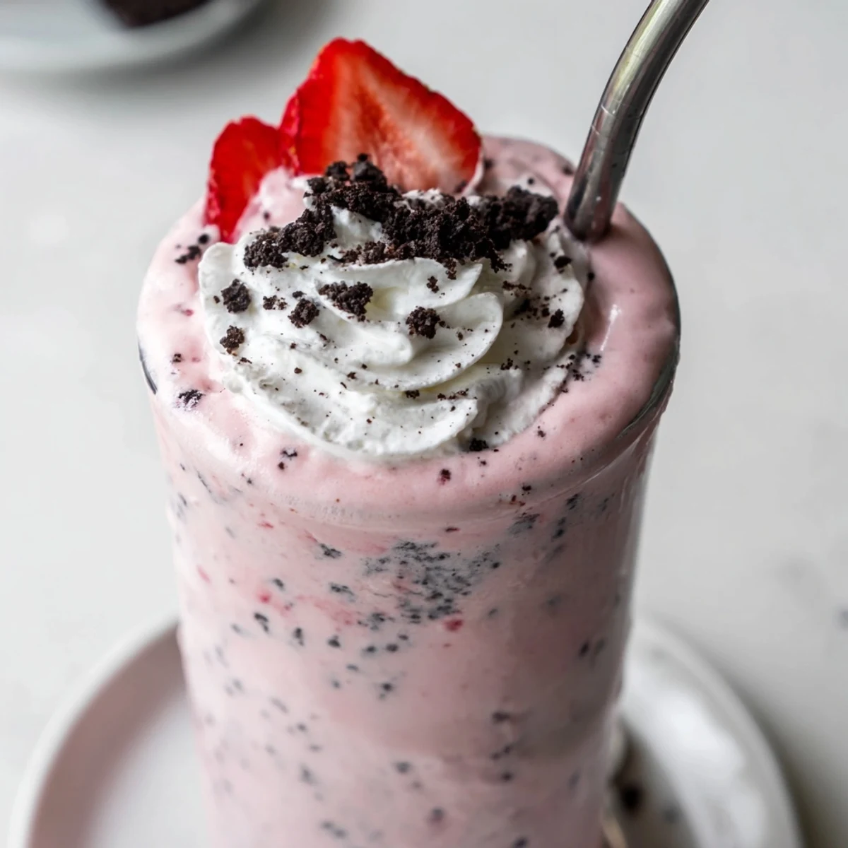 Thick pink strawberry Oreo milkshake topped with whipped cream and crushed cookies
