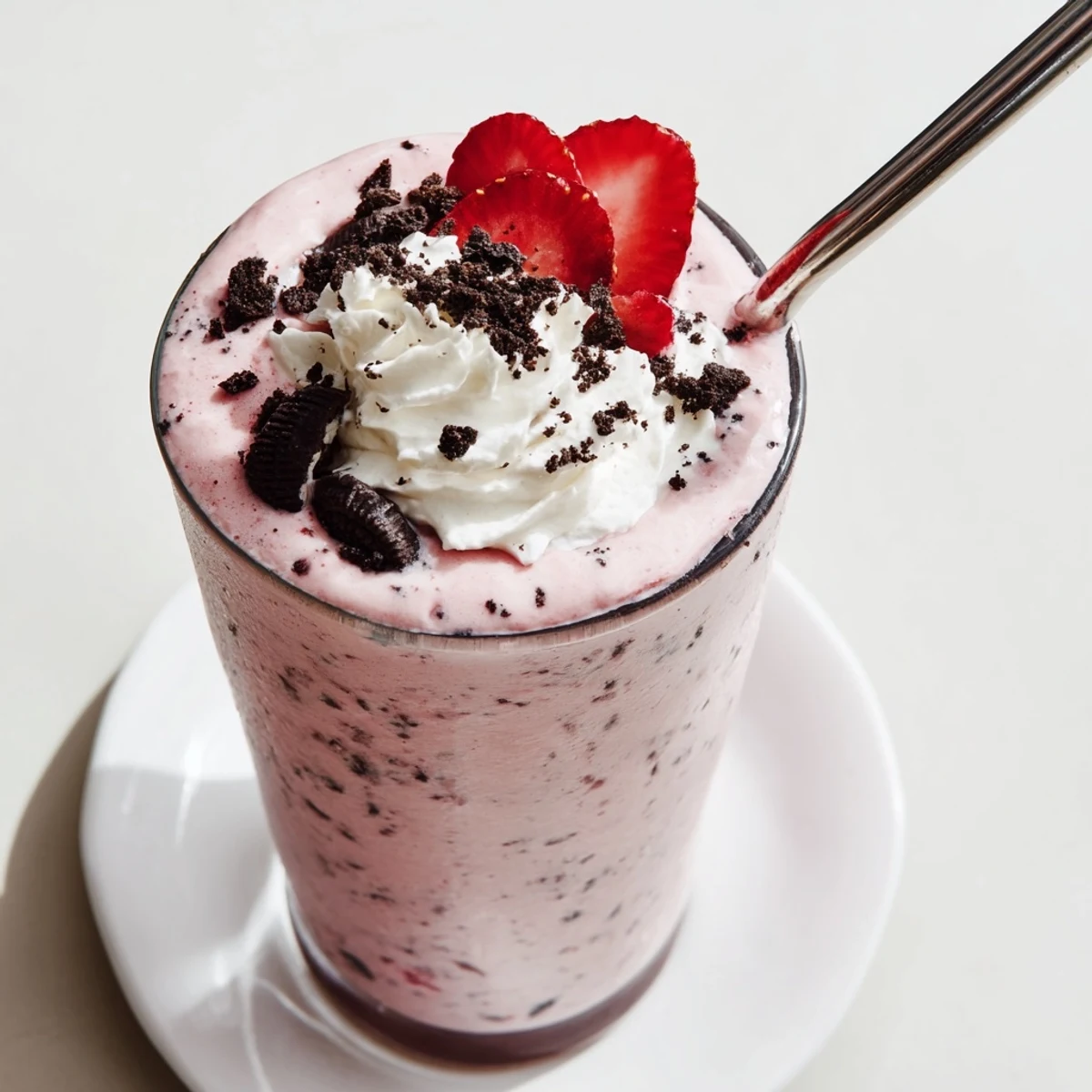 Creamy blended strawberry Oreo milkshake drizzled in a chilled glass with fresh berries