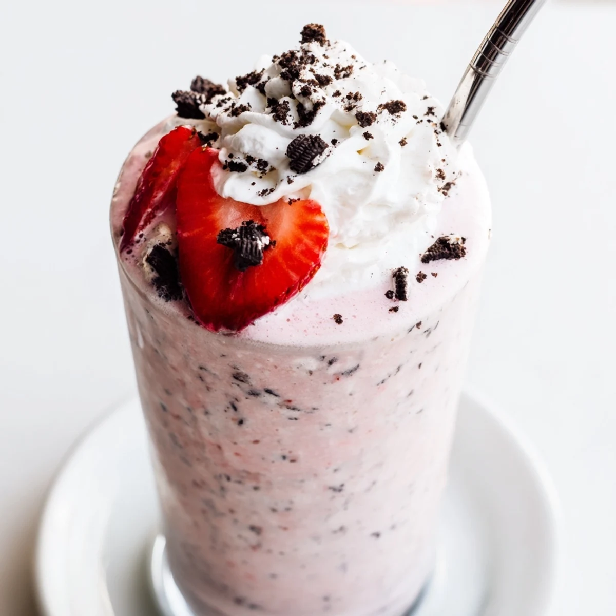 Two tall glasses of strawberry Oreo milkshake garnished with whipped cream and strawberry slices
