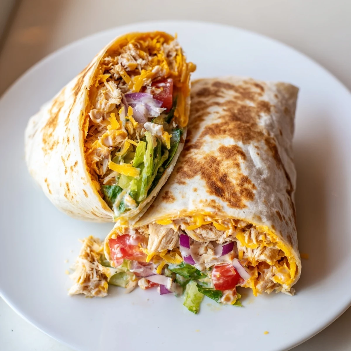 Cheesy Garlic Chicken Wraps cut in half, gooey cheese and warm tortilla