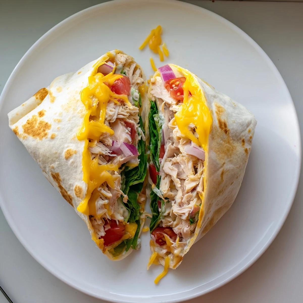 Pan-seared Cheesy Garlic Chicken Wraps sliced, steam rising, served with sweet potato fries