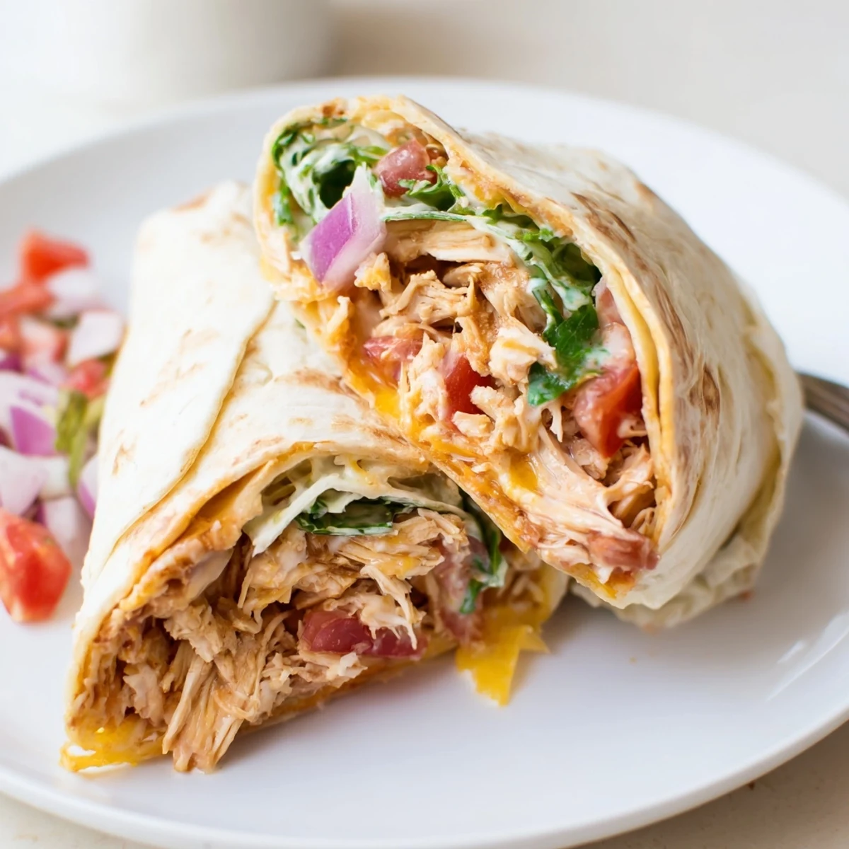 Warm Cheesy Garlic Chicken Wraps with crisp romaine, juicy tomato, and sauce