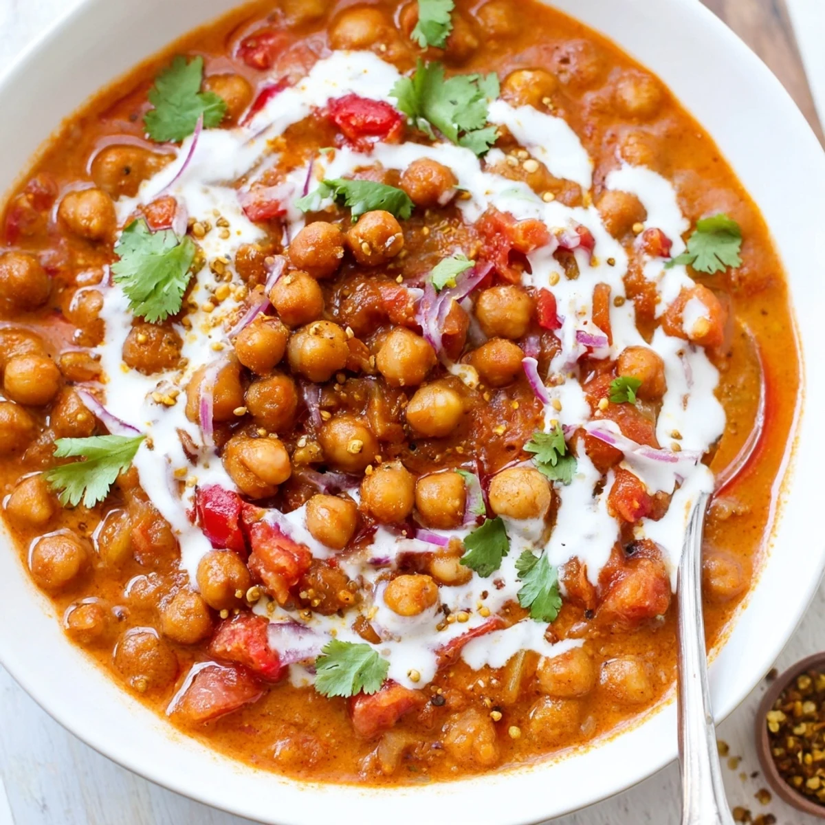 Creamy Greek Yogurt Chickpea Curry garnished with cilantro, served over rice.