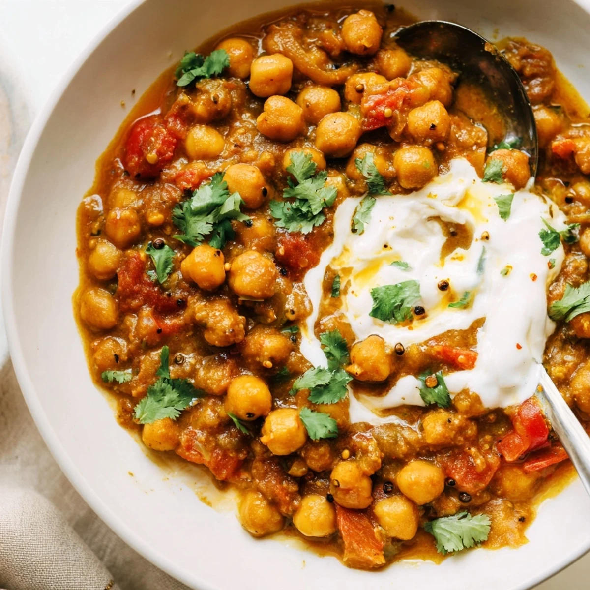 Hearty Greek Yogurt Chickpea Curry steaming in skillet, ready to scoop.