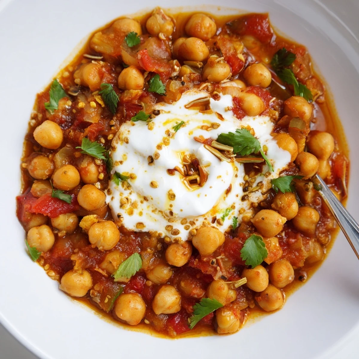 Zesty Greek Yogurt Chickpea Curry topped with fresh cilantro, fragrant spices.