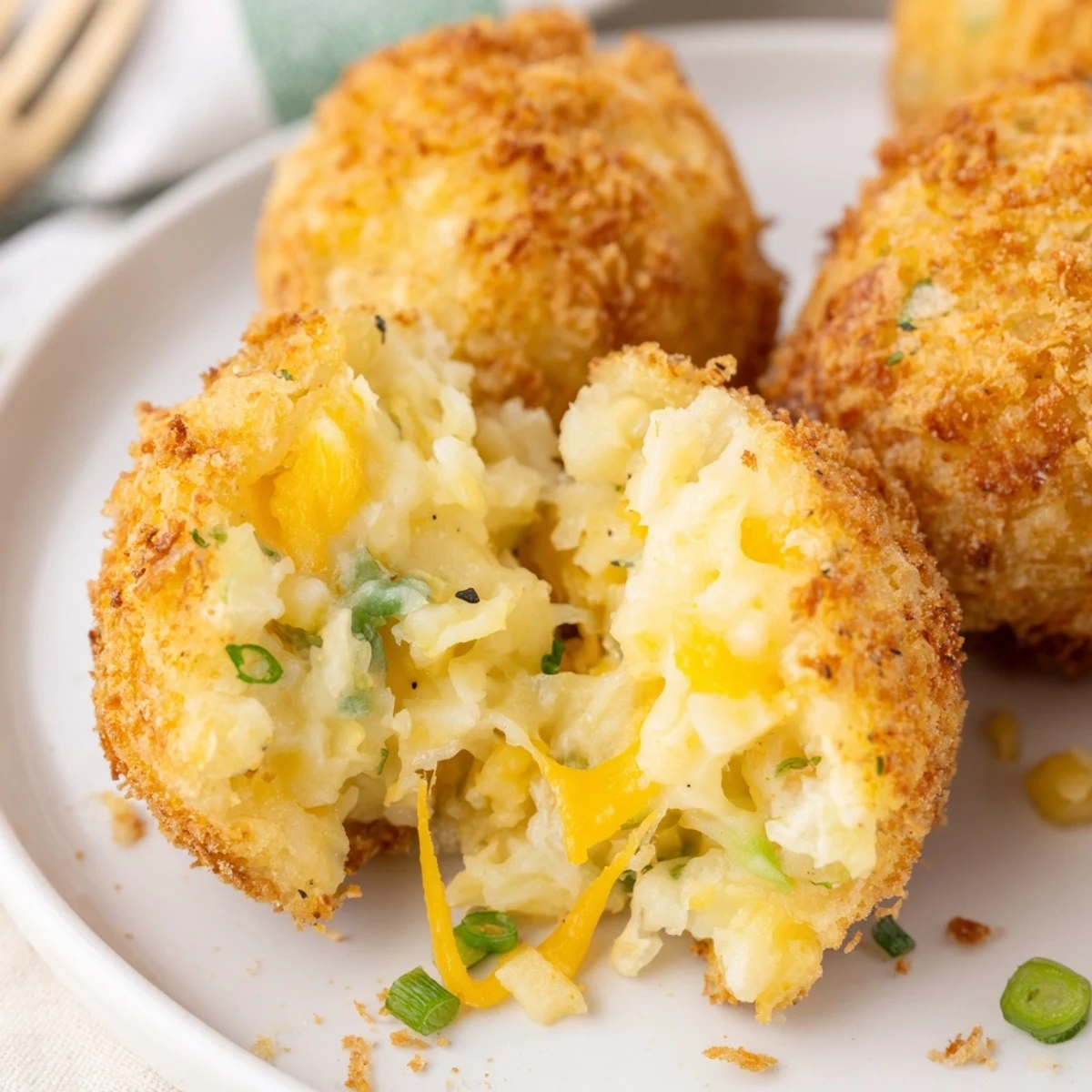 Golden Fried Mashed Potato Balls with melted cheddar, crispy breadcrumb exterior