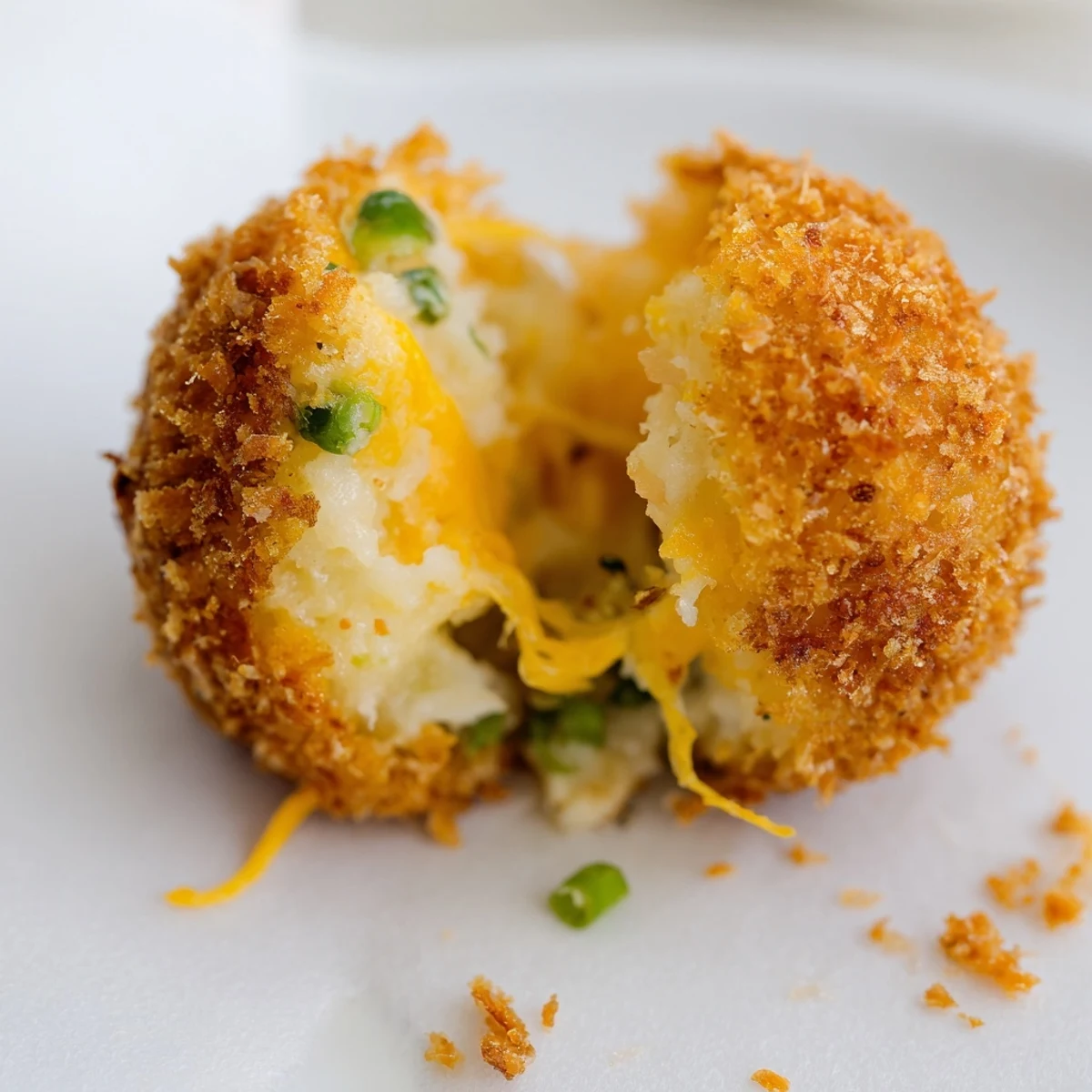 Hand holding Fried Mashed Potato Balls revealing soft, steamy potato filling