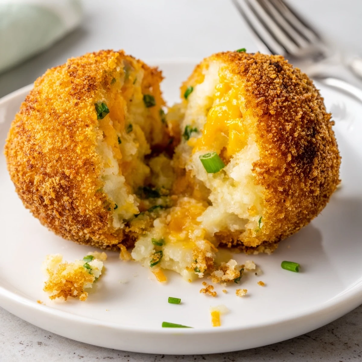 Plate of Fried Mashed Potato Balls served hot with creamy ranch dip