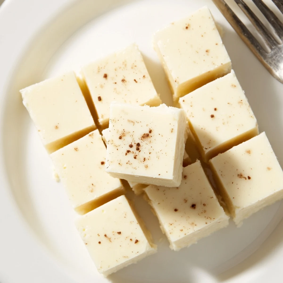 Eggnog Fudge squares dusted with nutmeg, creamy holiday candy on parchment