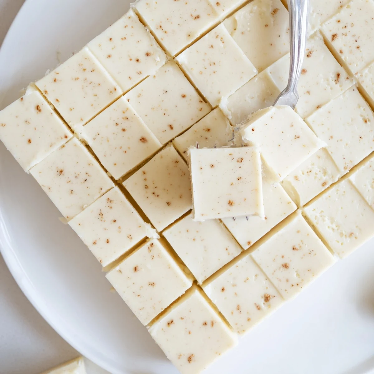 Silky Eggnog Fudge layered in an 8x8 pan, topped with grated nutmeg