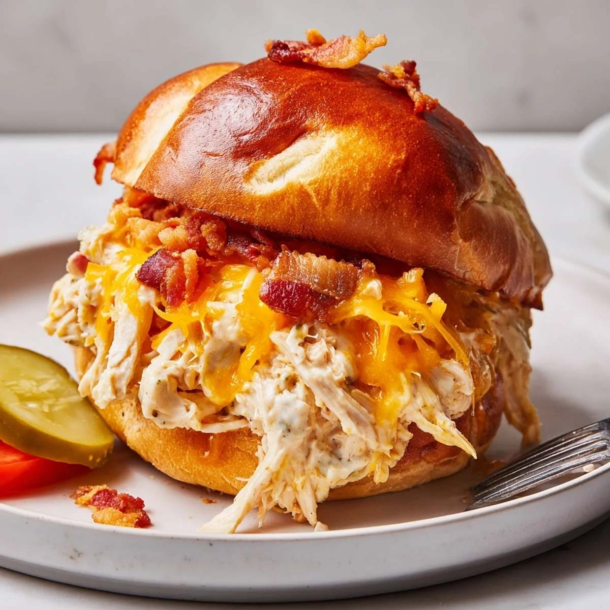 Crack Chicken Sandwiches piled high on brioche bun, melty cheddar and bacon