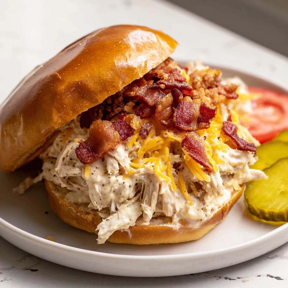 Oven-baked Crack Chicken Sandwiches with shredded chicken, crispy bacon, ideal for gatherings