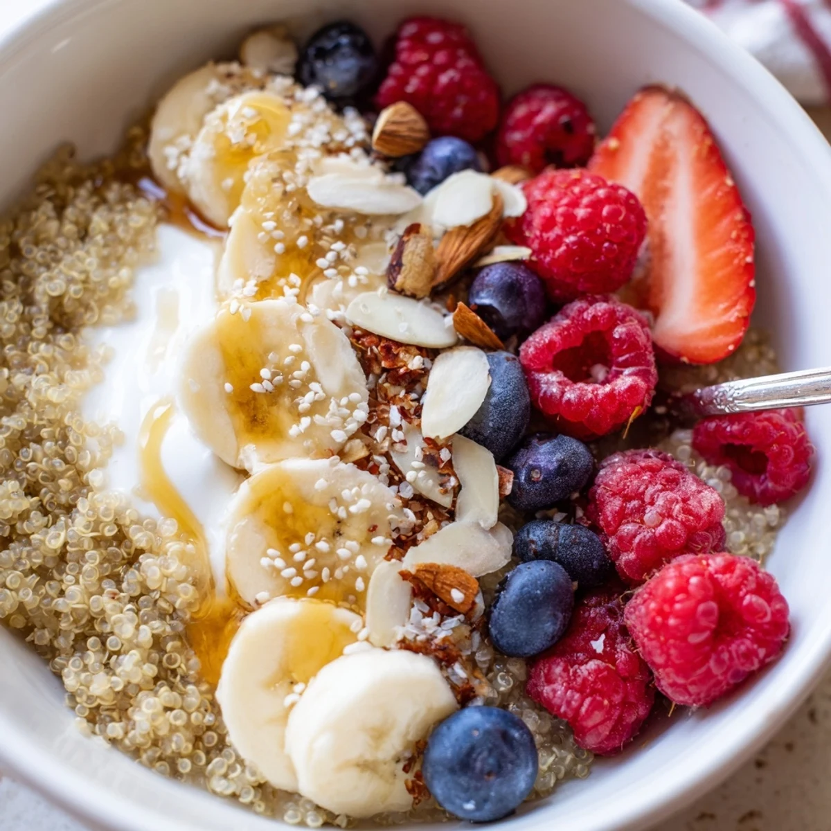 Quinoa Breakfast Bowl with fluffy quinoa, juicy berries, sliced banana, crunchy nuts.