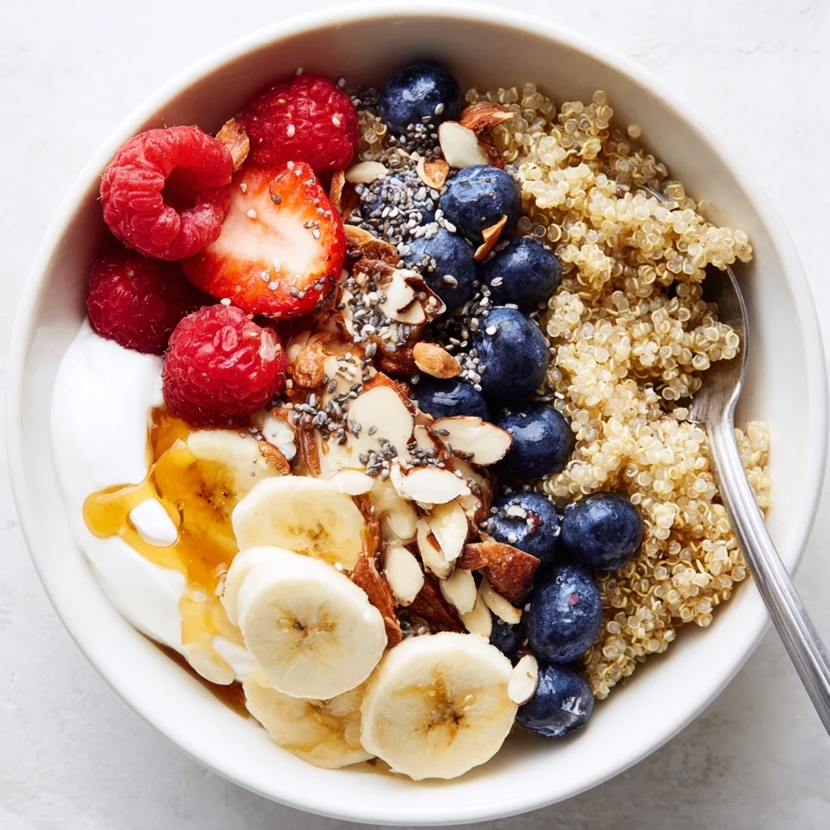 Morning Quinoa Breakfast Bowl served in ceramic bowl, sprinkled with chia seeds.
