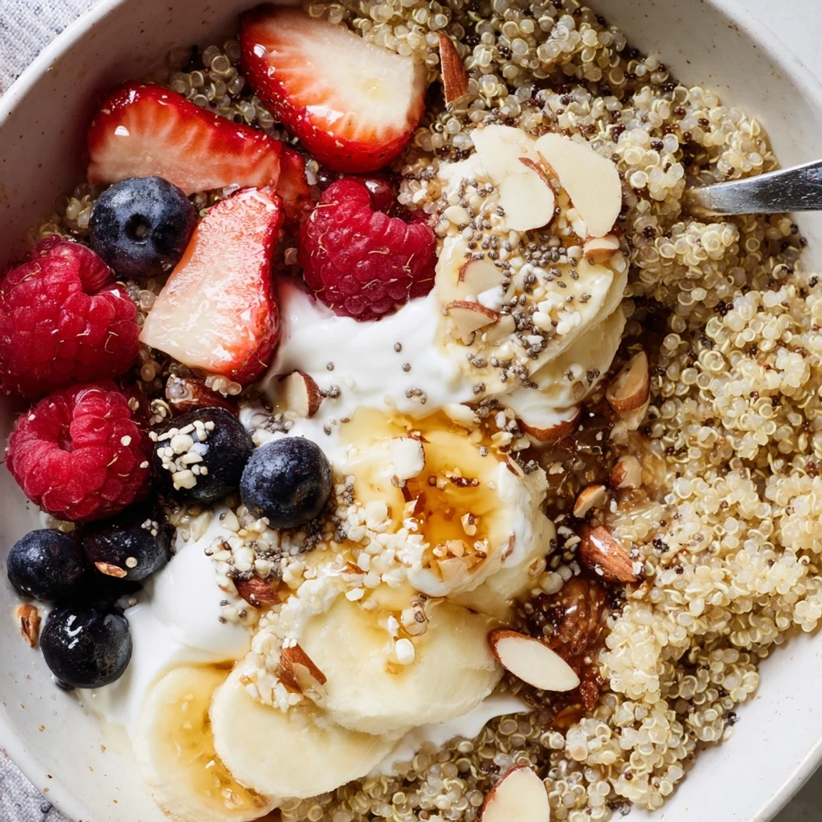 Warm Quinoa Breakfast Bowl topped with creamy yogurt and honey drizzle.