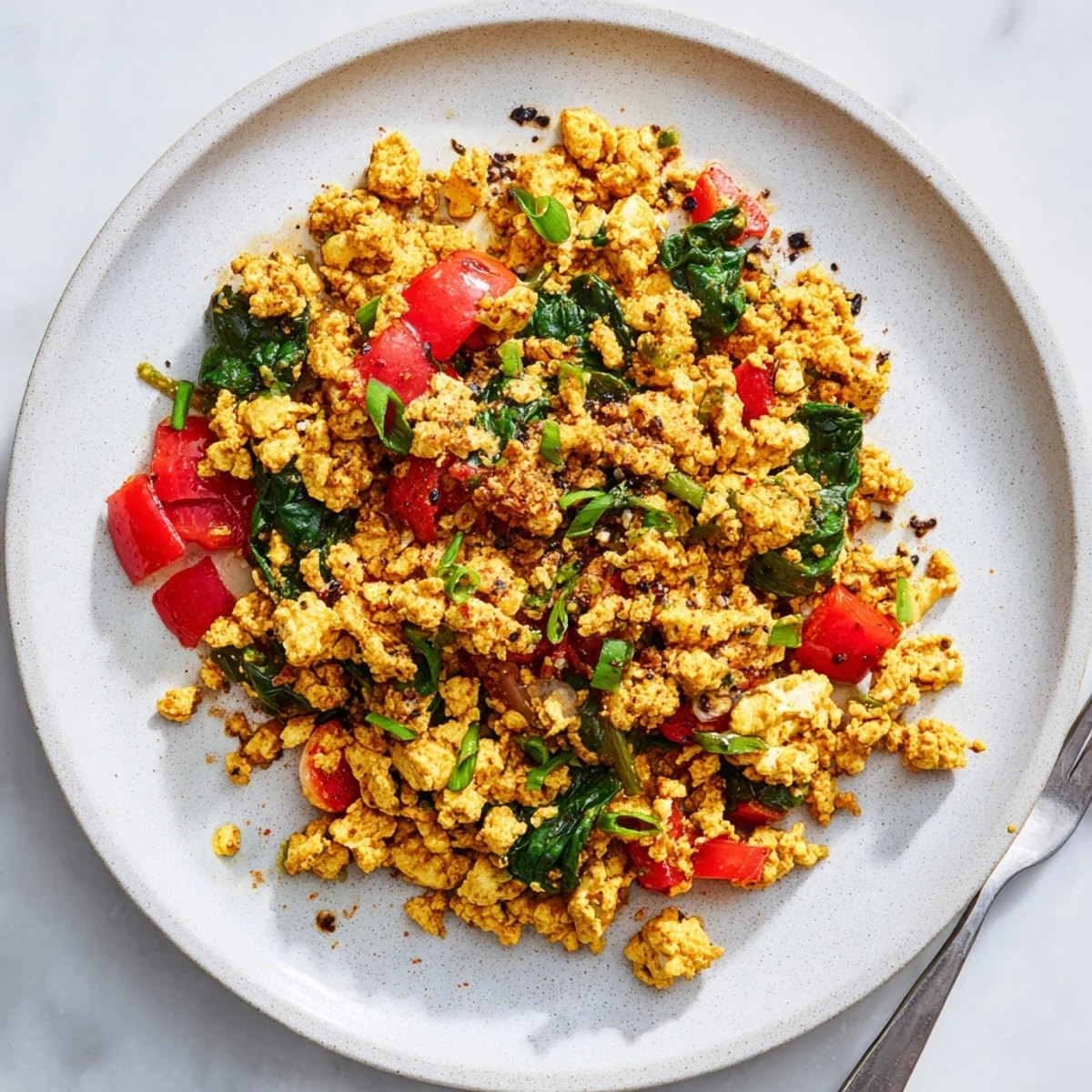 Tofu Scramble steaming in skillet with turmeric-golden crumbles and wilted spinach