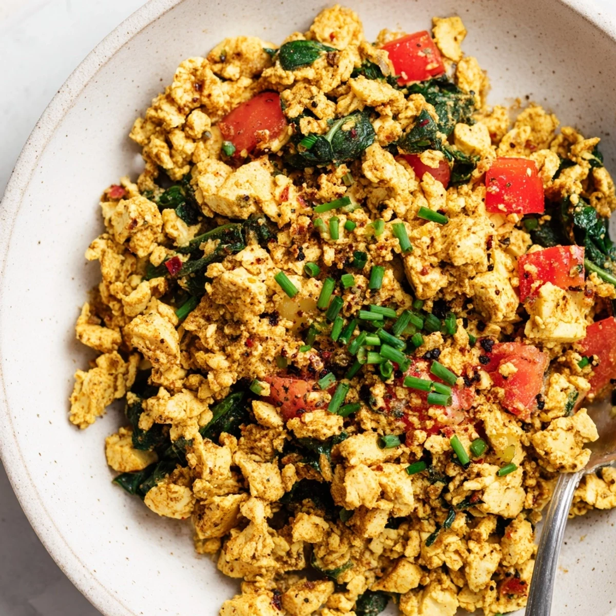 Hearty Tofu Scramble served with avocado toast, chives, and peppery aroma