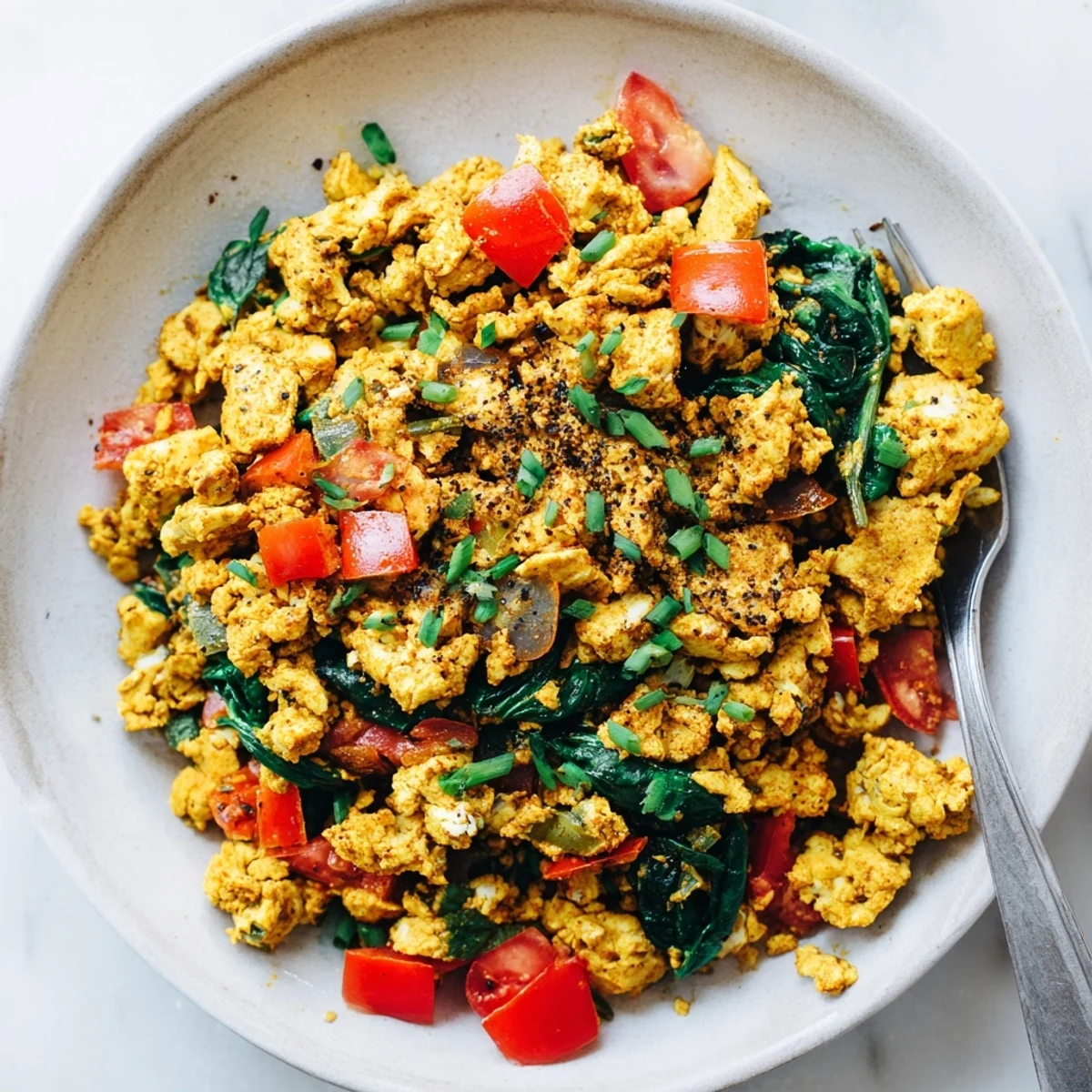 Bright Tofu Scramble tossed with red bell pepper, cumin scent, fresh parsley