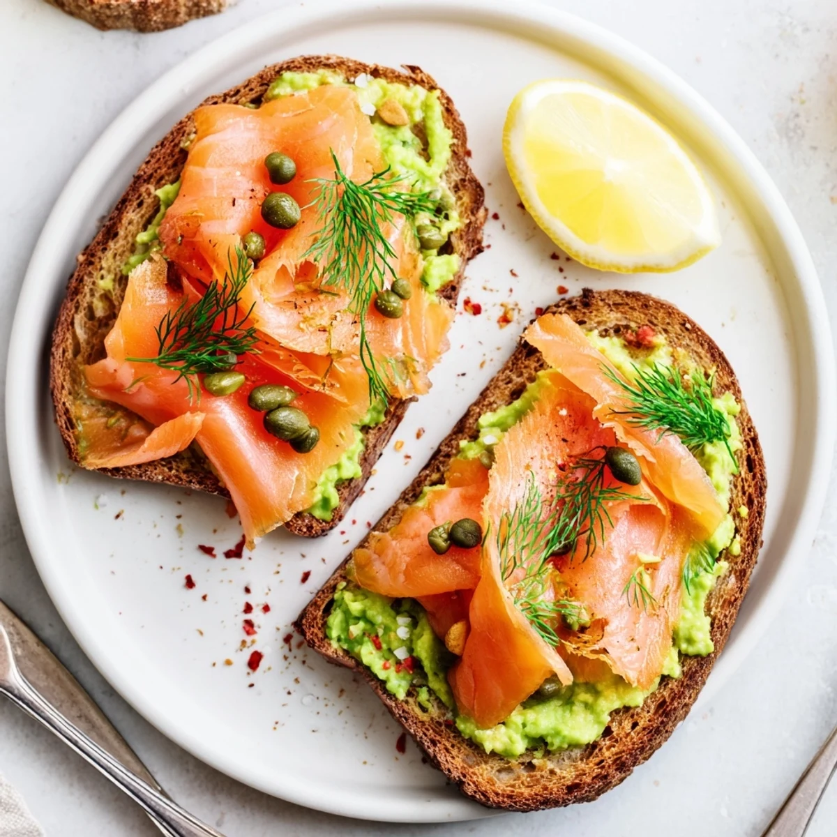 Smoky Salmon Avocado Toast garnished with capers, dill, lemon wedge for brunch.
