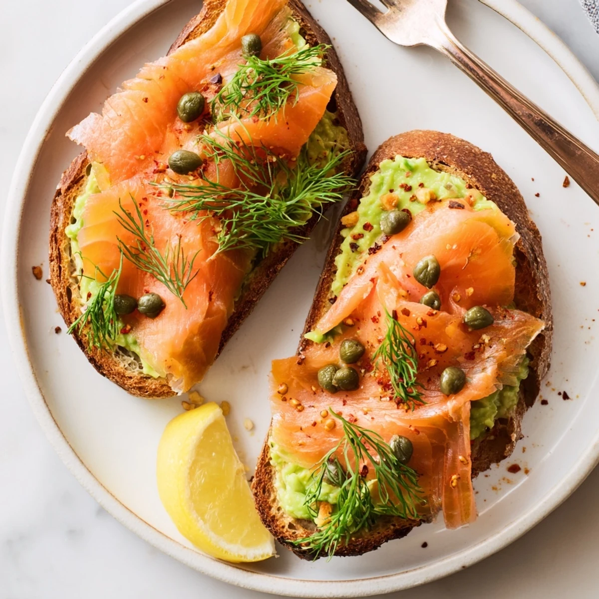 Salmon Avocado Toast on toasted sourdough, creamy avocado and silky salmon.