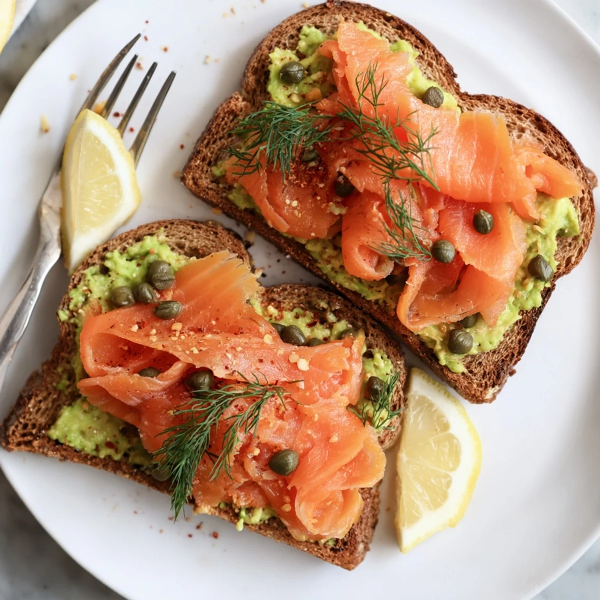 Bright Salmon Avocado Toast layered with mashed lemony avocado, optional poached egg.