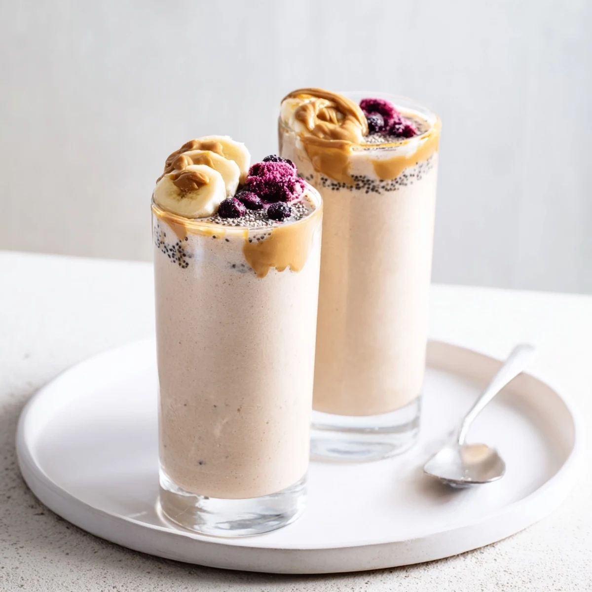 High Protein Smoothie in glass, creamy banana-berry flavor, chilled for breakfast
