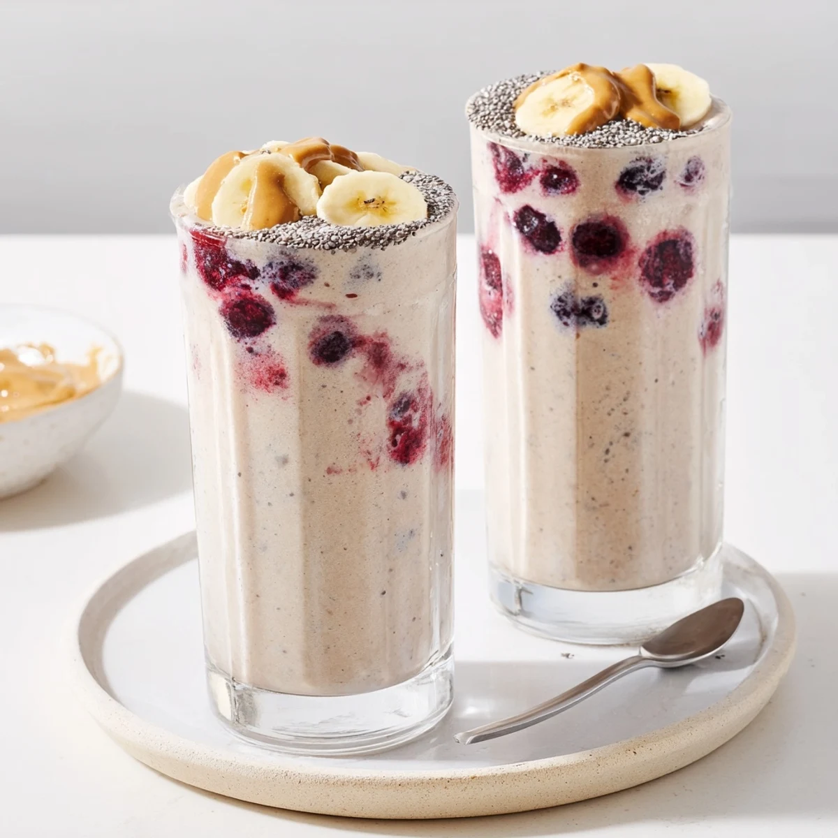 Creamy, thick High Protein Smoothie blended with peanut butter and berries