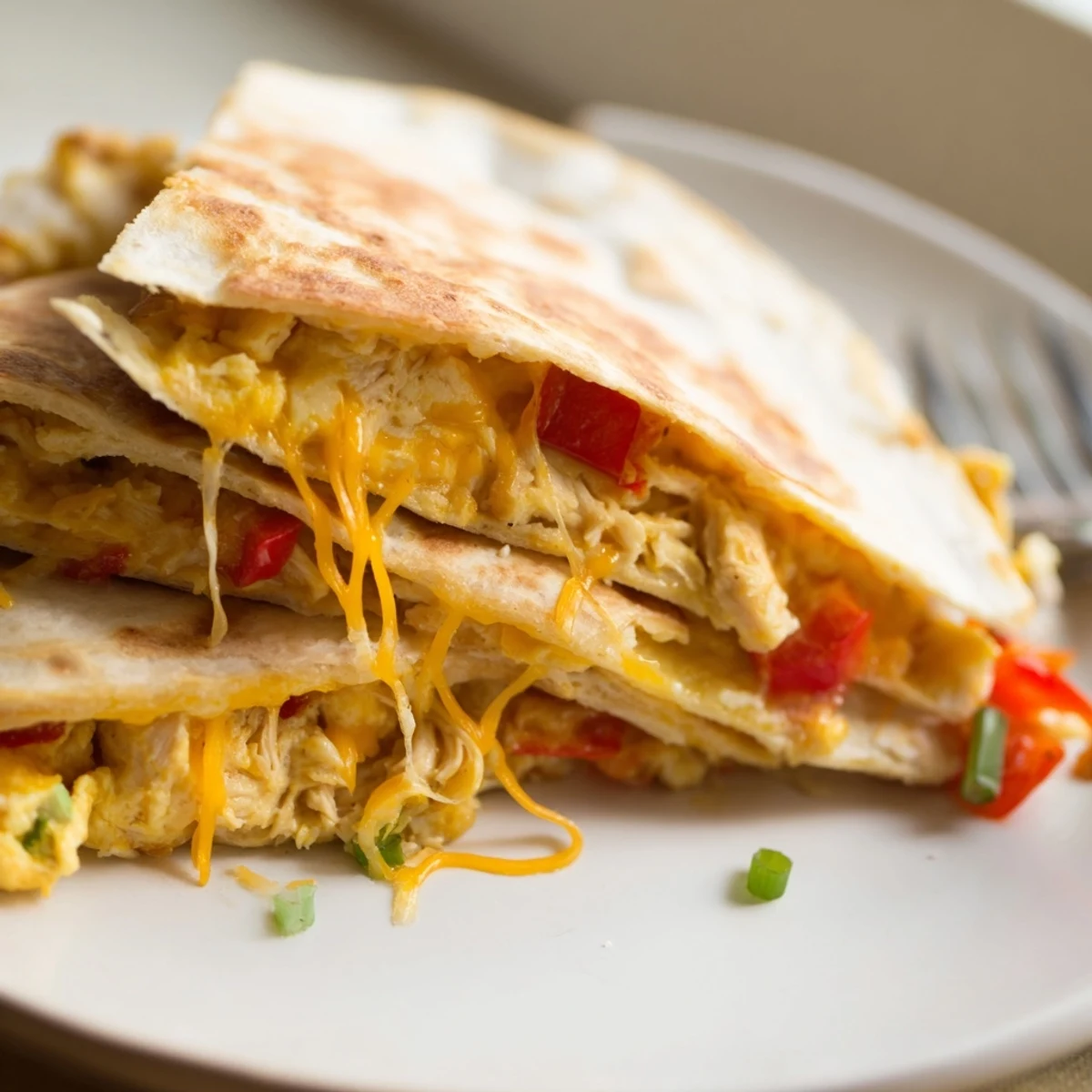 Crispy Chicken Breakfast Quesadilla on hot skillet, scrambled eggs and bell pepper