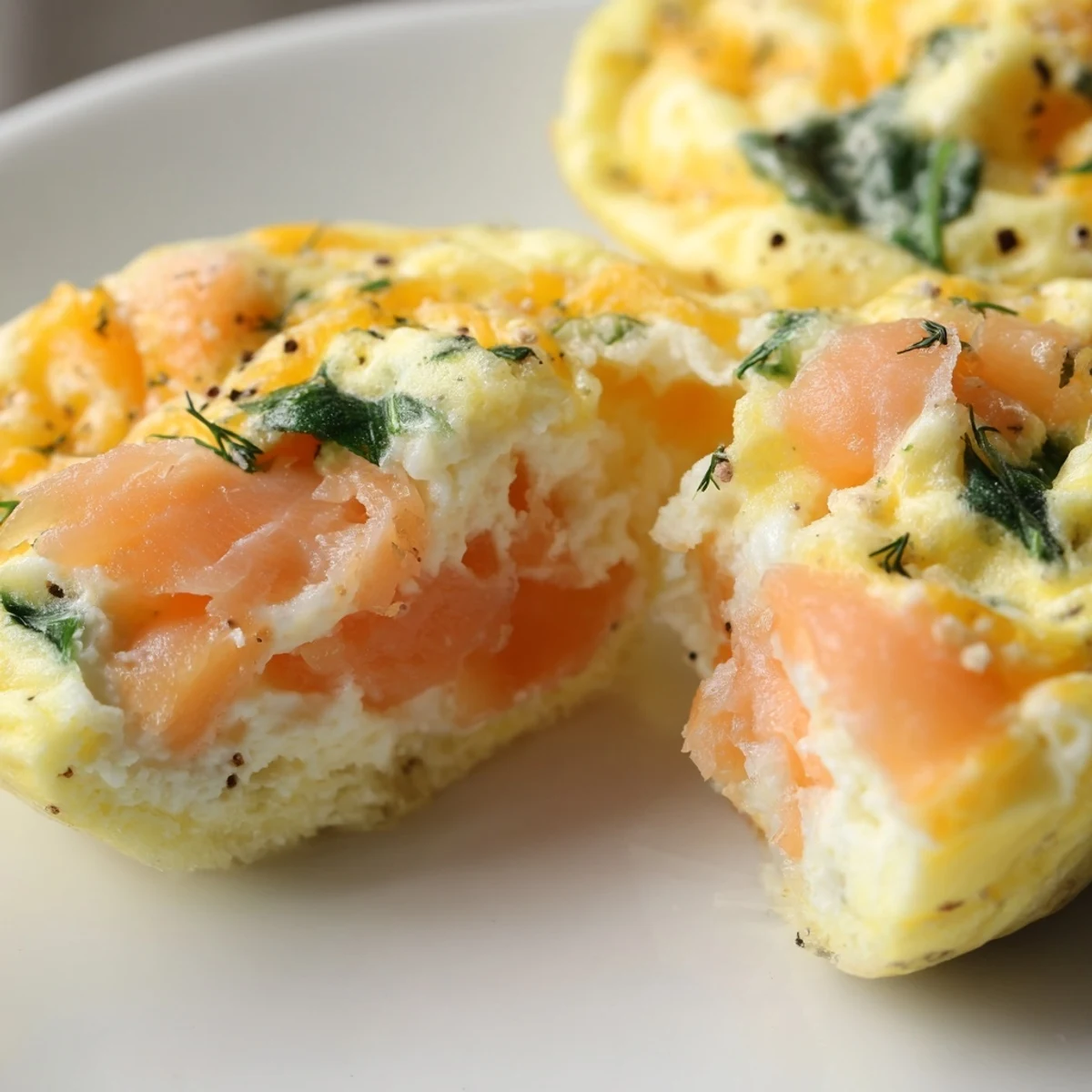 Freshly baked Smoked Salmon Egg Muffins on a plate, flaky salmon aroma